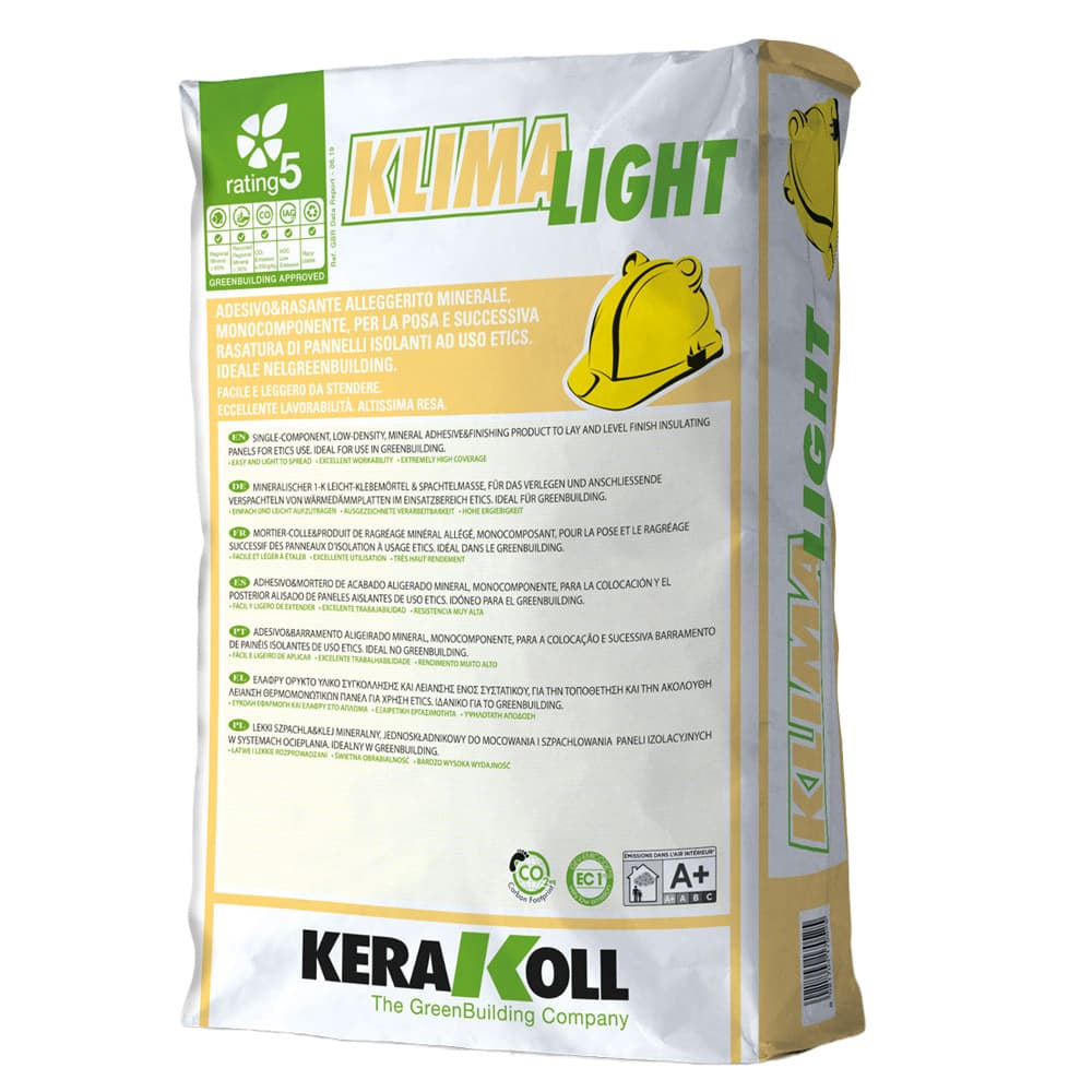 Sacco da 20 kg di adesivo rasante eco-compatibile della gamma Kerakoll Klima Light